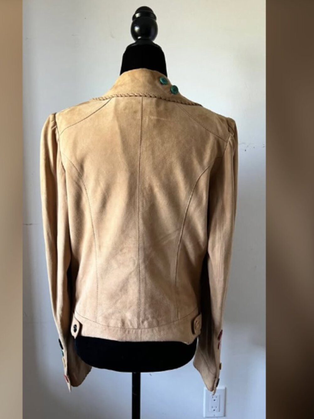 Moschino Camel Tan Suede Leather Jacket w/ multi colored buttons Small/Medium - Picture 11 of 11